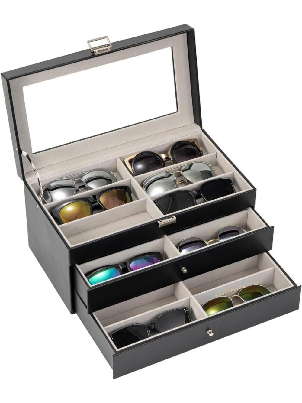 Stylish 3-Layer Sunglasses Storage Organizer - Black, Perfect for Home & Travel